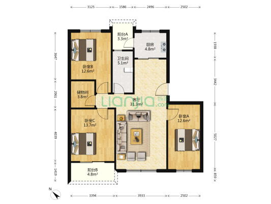 嘉景花园 3室1厅1卫 109平方
