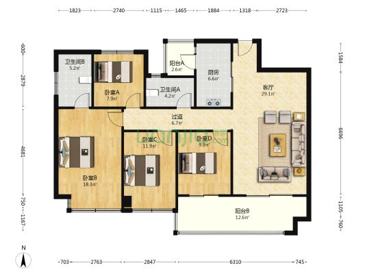 蓝光长岛国际六期 4室1厅2卫 134平方