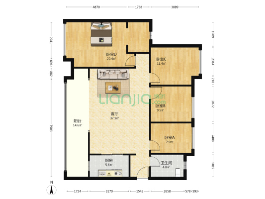 龙湖景粼天著望川区 4室1厅1卫 125平方
