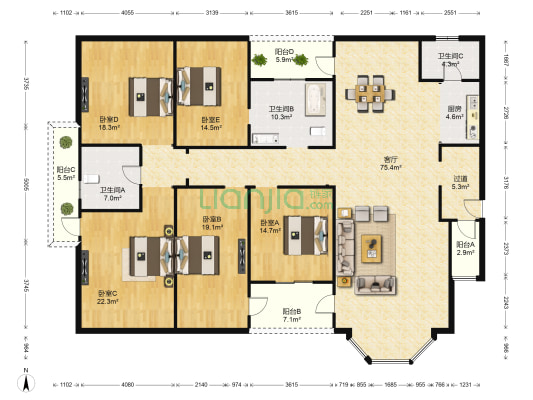 湖畔宽邸 5室1厅3卫 246平方