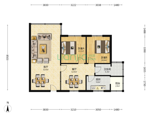 華潤花园 2室2厅1卫 92平方