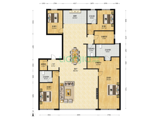 中海开元壹号四期 4室1厅4卫 262平方