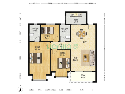 恒大云锦华庭 3室1厅2卫 114平方