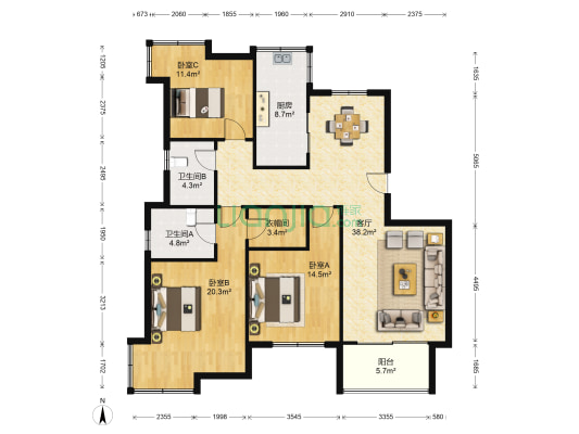 鲁能领秀城F区 3室1厅2卫 139平方