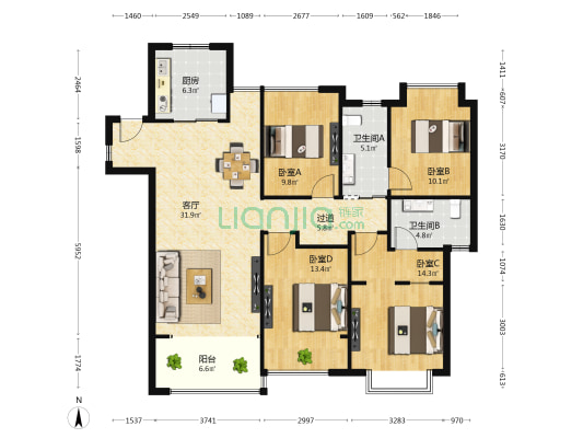 金科世茂绿都观澜府 4室1厅2卫 132平方
