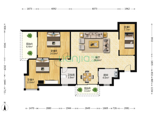 蓝海银座 3室1厅1卫 116平方