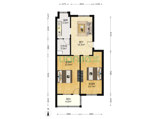 团结路 2室1厅1卫 67平方