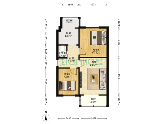水碾河南三街6号 2室1厅1卫 58平方