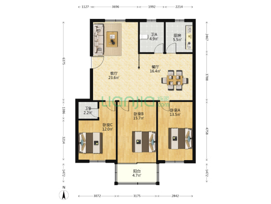 富士居小区 3室2厅2卫 119平方