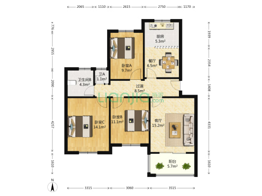 相墅花园 3室2厅2卫 102平方