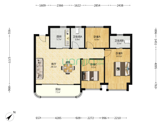 高科紫麟景院 3室1厅2卫 107平方