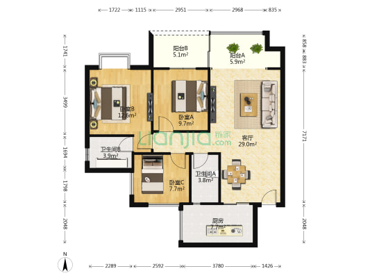 西岸观邸 3室1厅2卫 97平方