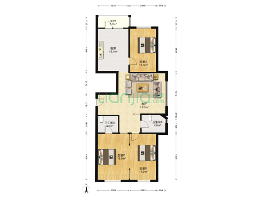 中浩华尔街 3室1厅2卫 146平方