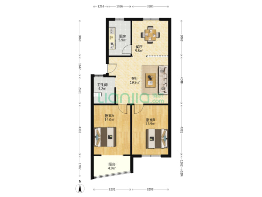 海棠苑 2室2厅1卫 88平方