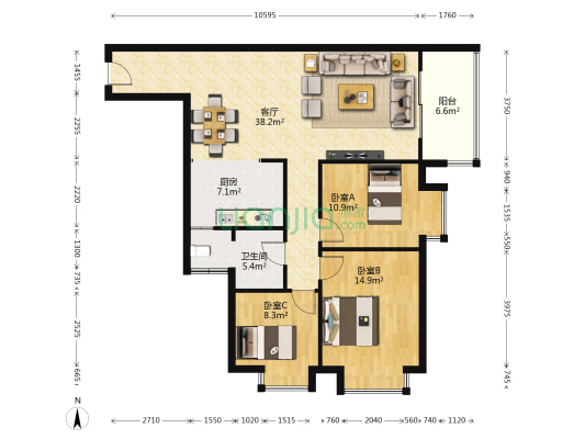 银海元隆广场B区 3室1厅1卫 110平方