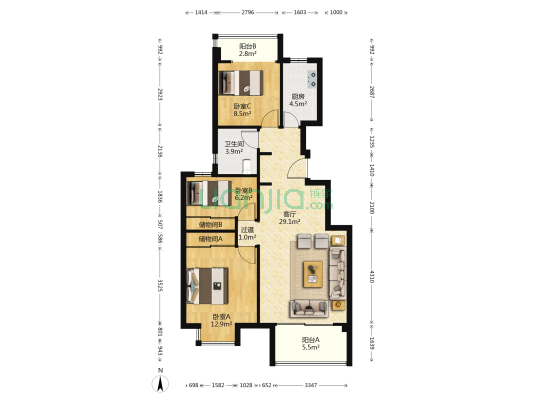 ΜΟΜΛ春风湖上 3室1厅1卫 93平方