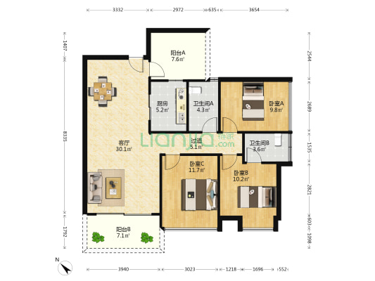蓝色海福居 3室1厅2卫 114平方