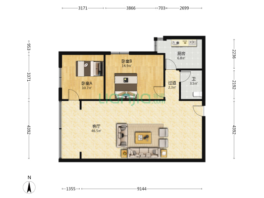 绅帝大厦 2室1厅1卫 109平方