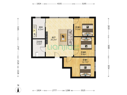 重庆市市政设计研究院 3室1厅1卫 95平方