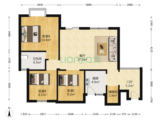 峰景尚品居 3室1厅1卫 135平方