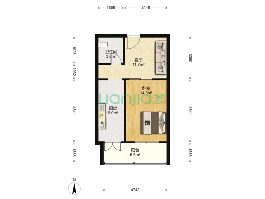 洞庭公寓 1室1厅1卫 53平方