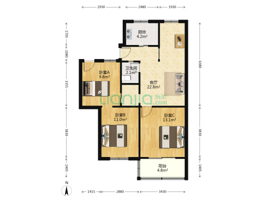 狮虎桥路 3室1厅1卫 89平方