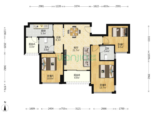 长嘉汇朗峯北区 3室1厅2卫 95平方
