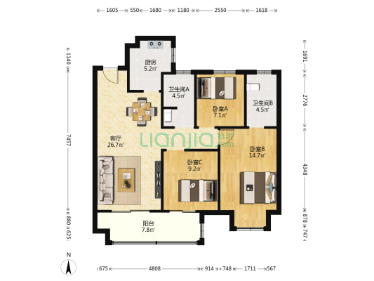 海伦堡金科东方美院一期（海伦堡金科·美院） 3室1厅2卫 106平方