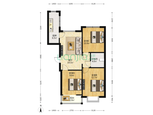 阳光汾河湾C区西 3室1厅1卫 116平方