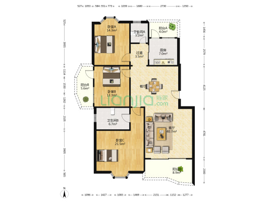 华凯花园 3室1厅2卫 143平方