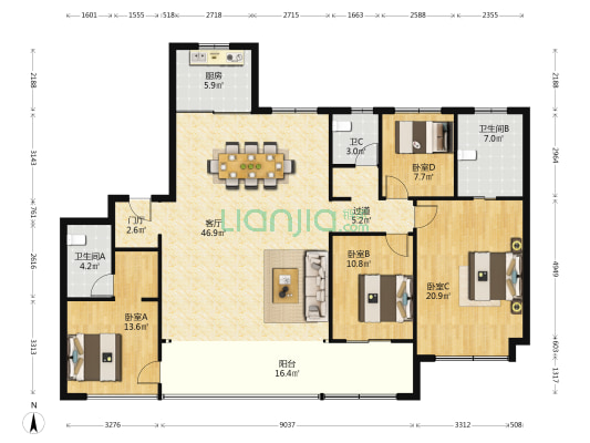 龙湖天奕二期 4室1厅3卫 188平方