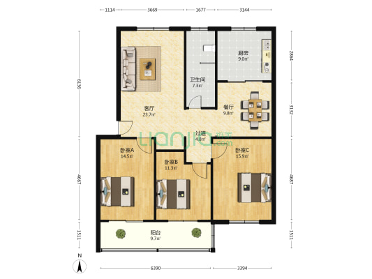 嘉苑小区 3室2厅1卫 124平方