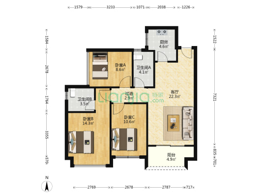 中骏云景府 3室1厅2卫 93平方