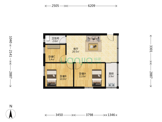 园林大街 3室1厅1卫 62平方