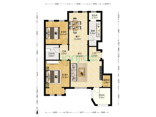 龙湖香醍漫步二区 2室2厅1卫 95平方