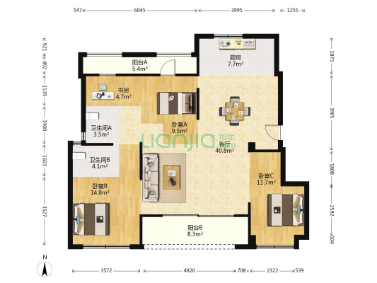 雅戈尔江上花园 4室1厅2卫 126平方