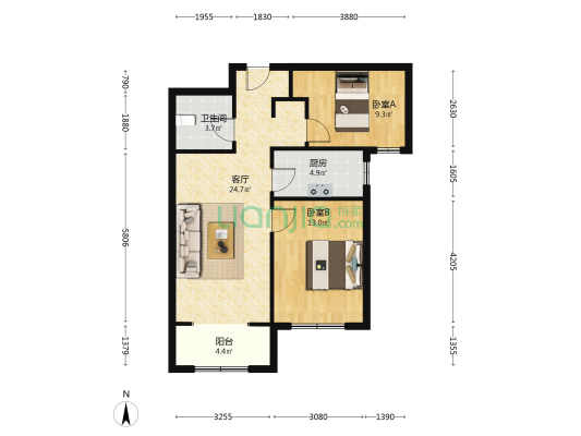 狮子城好楼位置 朝南两居 采光视野一级棒 价格能谈-户型图