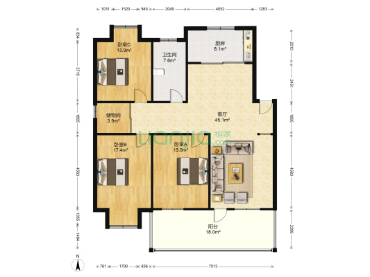 百桥花园 3室1厅1卫 144平方