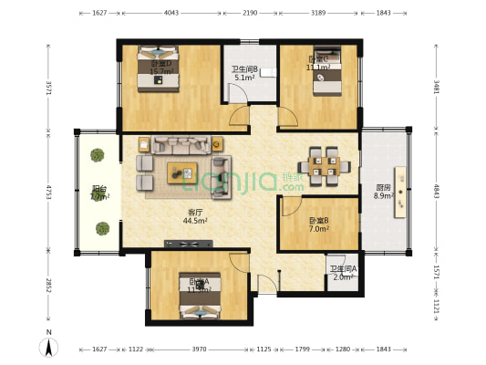 金桥花园南区 4室1厅2卫 129平方