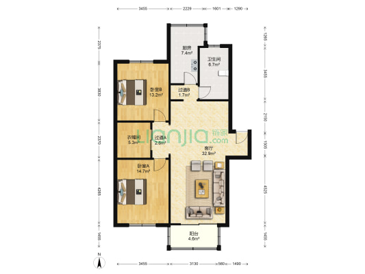永和丽园 2室1厅1卫 105平方