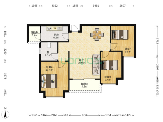 恒大文化旅游城8组团 3室1厅1卫 106平方