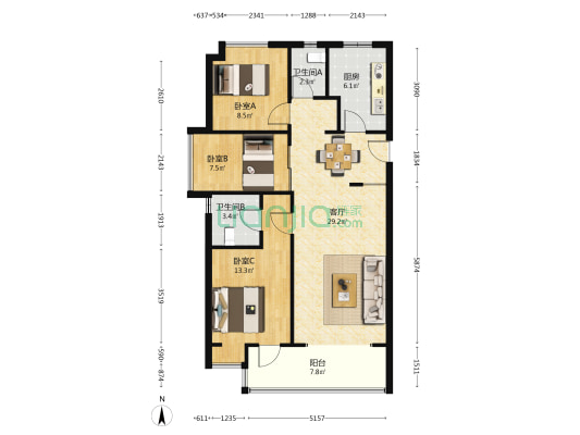 地产尚海悦庭 3室1厅2卫 98平方