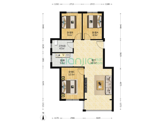 阳光100 3室1厅1卫 99平方