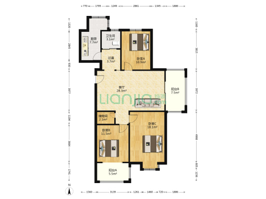润泽家园 3室1厅1卫 124平方
