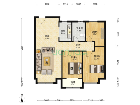 中康龙盘山家园 3室1厅1卫 111平方