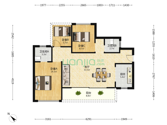 招商依山华府 3室1厅2卫 98平方