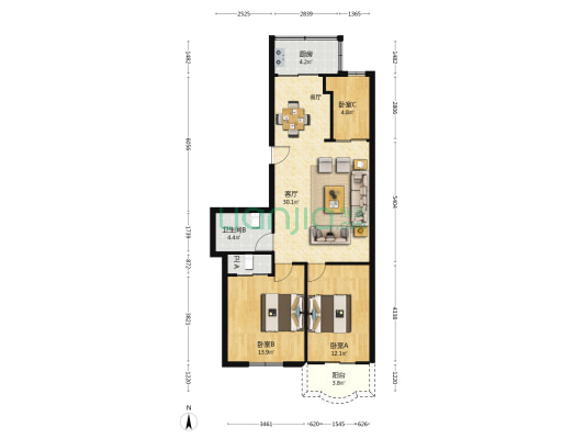 在水一方 3室1厅2卫 86平方