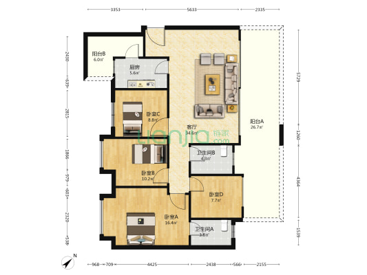 融创·云湖十里 4室1厅2卫 128平方