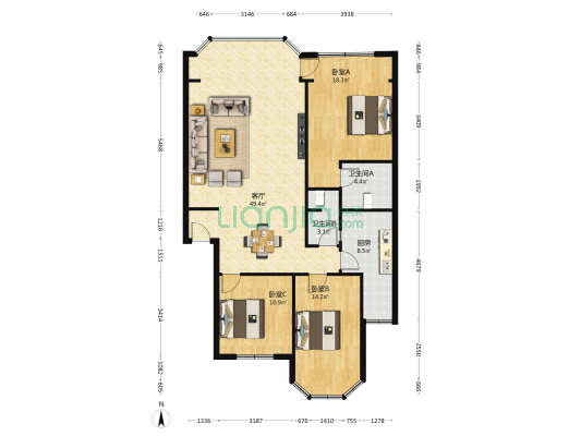 下莲池街14号 3室1厅2卫 128平方