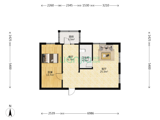 香和街 1室2厅1卫 66平方